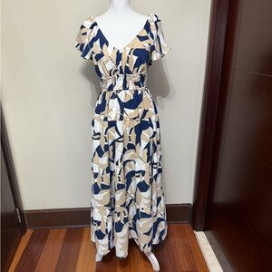 🆕Fred David Navy and Beige Patterned Maxi Dress new